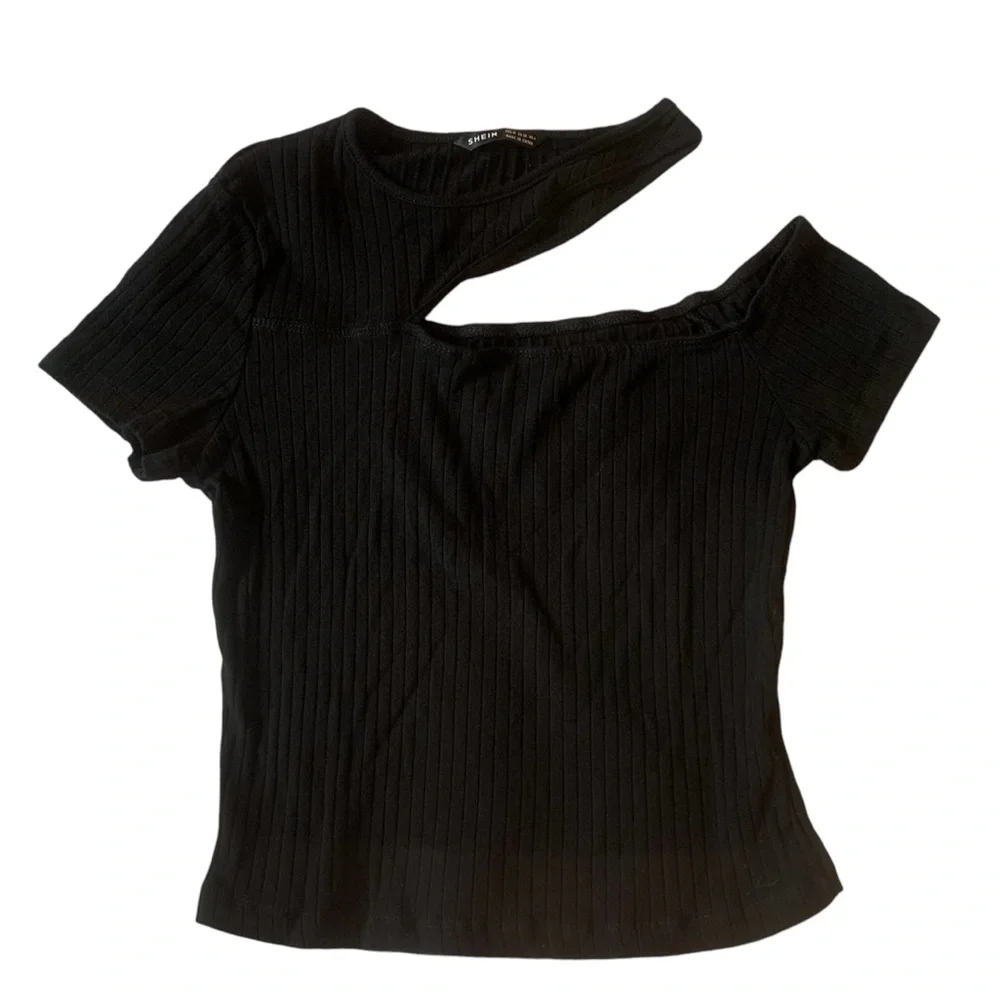 NWOT Asymmetrical cutout crop top festival party stretchy Shein ribbed top - Picture 3 of 9